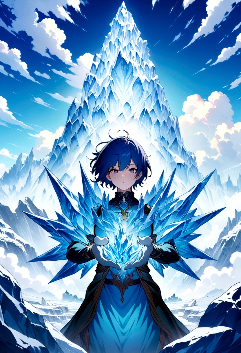 Masterpiece, highest quality, (highly detailed CG Unity 8k wallpaper) (highest quality), (best illustration), (best shadow) nature', sky, clouds, ultra detailed, Male, Blue hair, Ice magic, short hair.