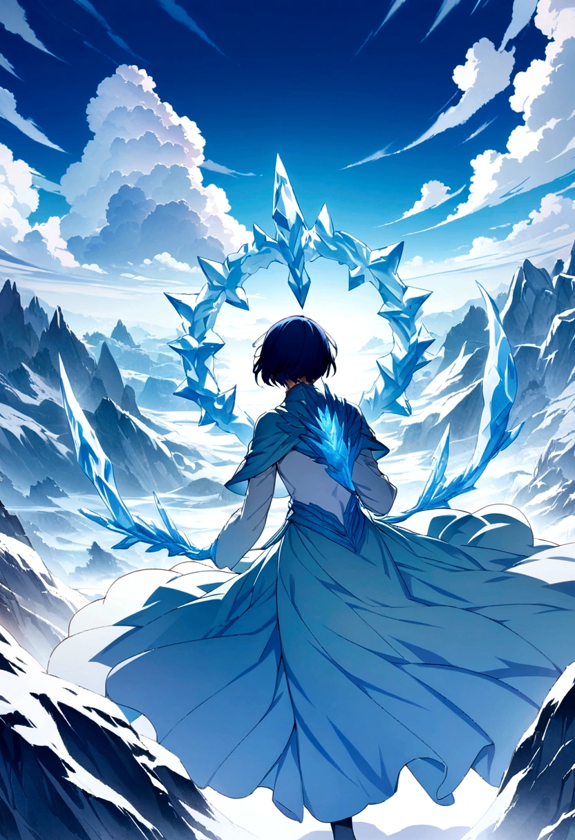 Masterpiece, highest quality, (highly detailed CG Unity 8k wallpaper) (highest quality), (best illustration), (best shadow) nature', sky, clouds, ultra detailed, Male, Blue hair, Ice magic, short hair.