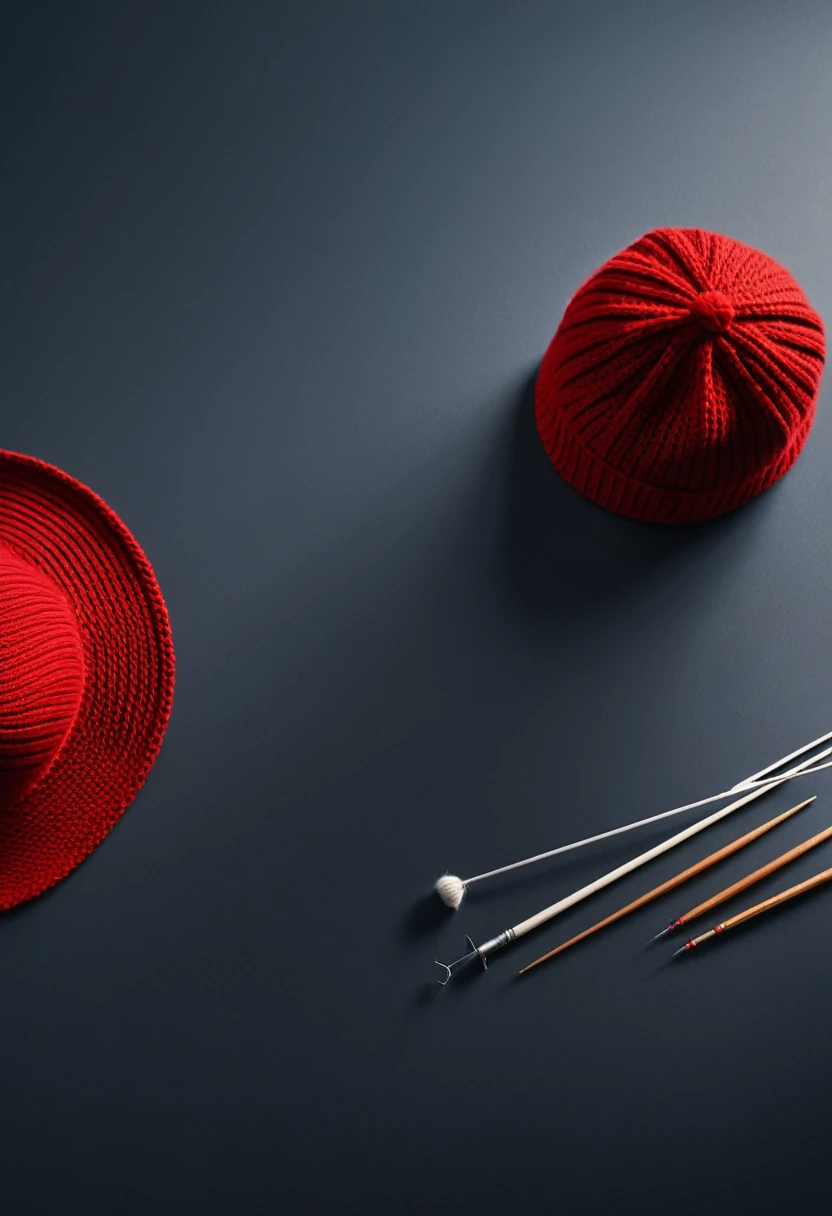Still life photography, product photo, red knitted hat with bucket hat style, knitting needle, many knitting yarn on table, soft dramatic lighting, bright clean background, minimalism style, top angle shot, ultra realistic, 8k, captured with hasselblad analog camera