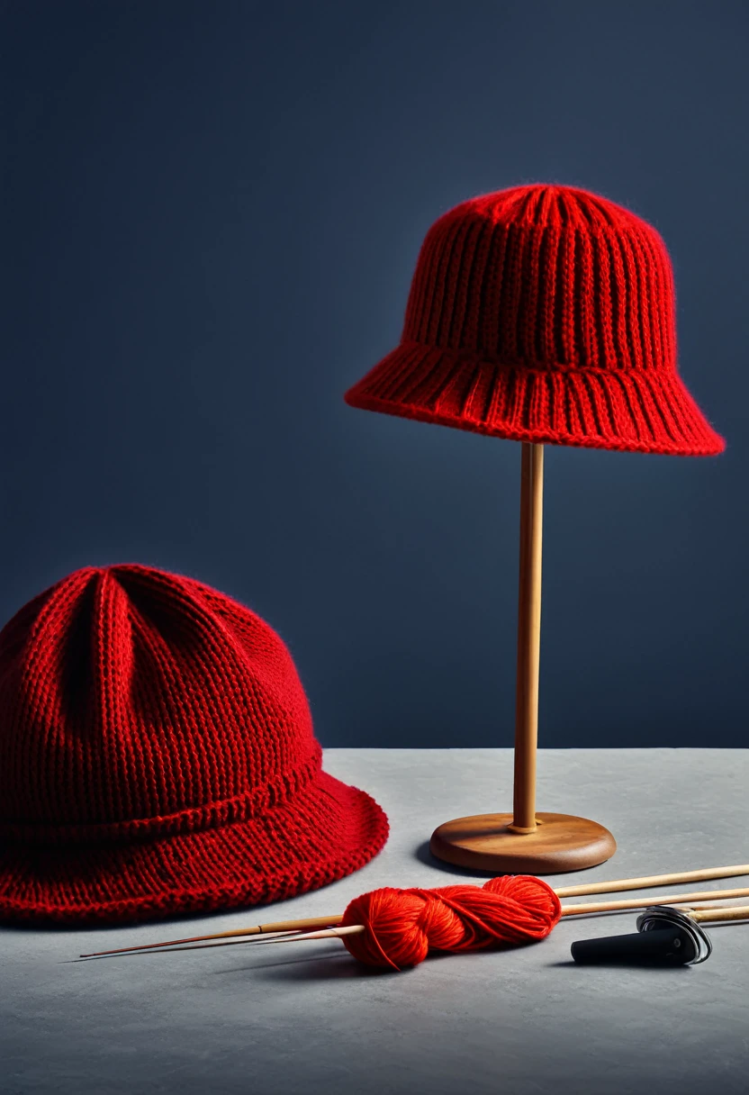 Still life photography, product photo, red knitted hat with bucket hat style, knitting needle, many knitting yarn on table, soft dramatic lighting, bright clean background, minimalism style, top angle shot, ultra realistic, 8k, captured with hasselblad analog camera