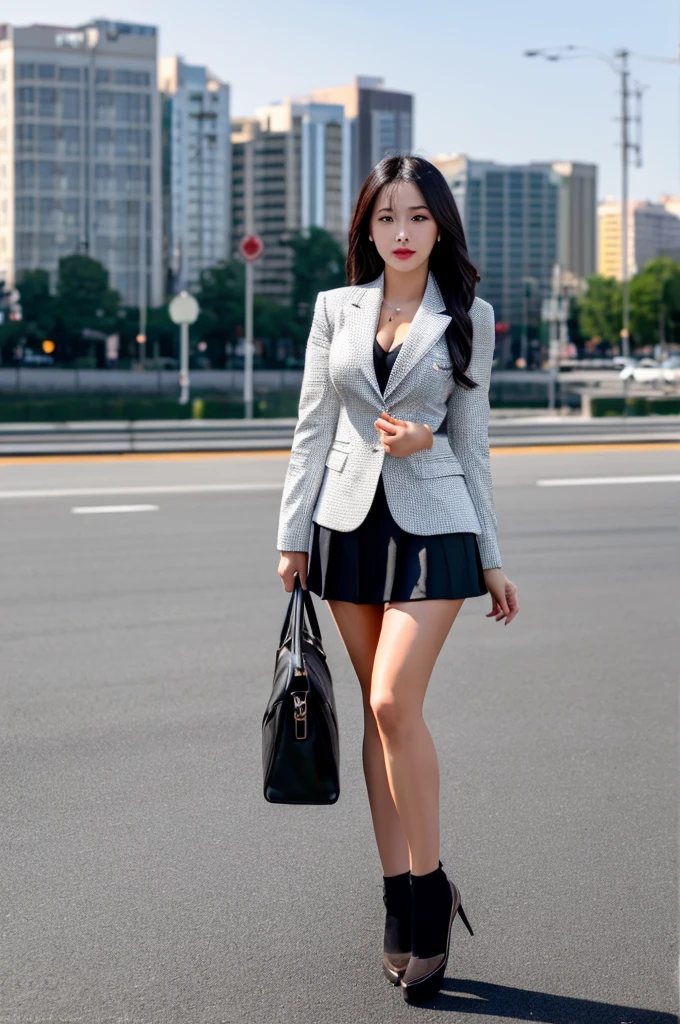 a 16 year old girl, she is the most beautiful actress in the world, the perfect body proportions of this girl, the blazer is firmly the skin of her upper body with it's large breasts are covered 100% by the shirt that's firmly covered by the blazer, it's hard for the short skirt to hide the crotch area between her bare legs, the things she wears are formal, it's only one description of one body, it's from right above her head to shins above her feet are just within this frame, all her body is looking forward to viewer of this, she is standing at the city street, nsfw, best quality, highly detailed, masterpiece, ultra high res, photo realistic, 8k, RAW photo
