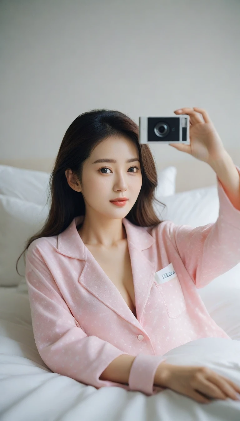 Close up of beautiful Korean woman, 34 inch chest size,Wearing pajamas, lying in bed, selfie, polaroid photo, uhd