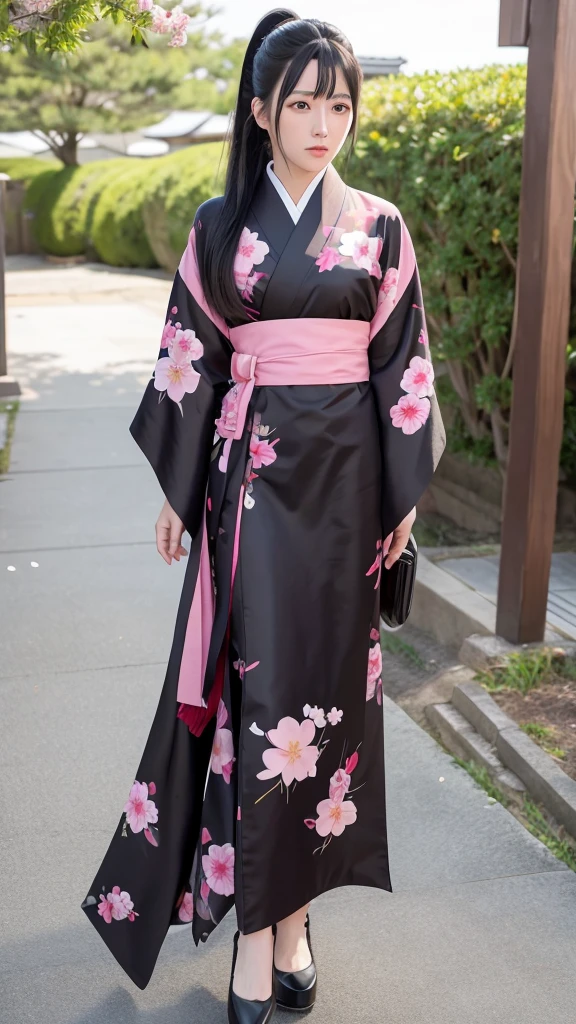 Sakura Jinguji in live action Sakura Wars Long black hair in a ponytail Large hair ribbon Sakura patterned kimono Japanese sword in right hand Full body