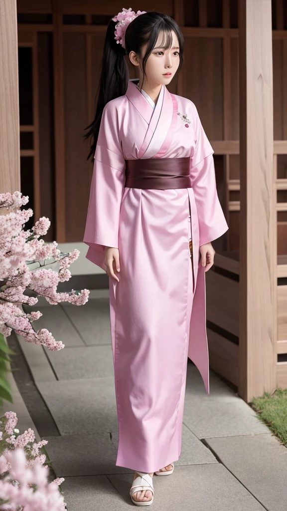 Sakura Jinguji in live action Sakura Wars Long black hair in a ponytail Large hair ribbon Sakura patterned kimono Japanese sword in right hand Full body