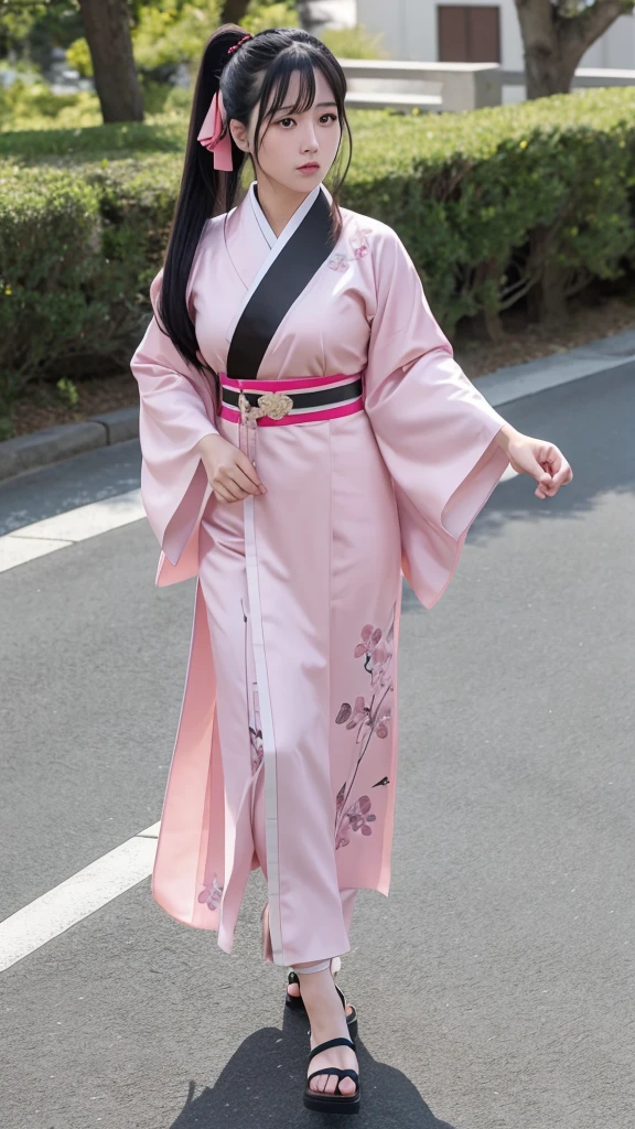 Sakura Jinguji in live action Sakura Wars Long black hair in a ponytail Large hair ribbon Sakura patterned kimono Japanese sword in right hand Full body