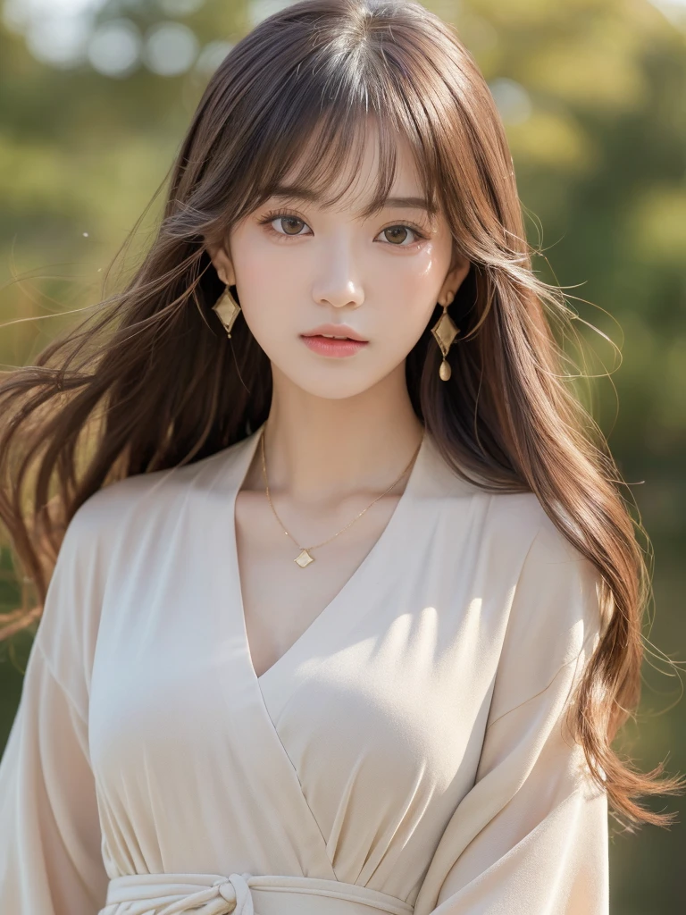 ((Highest quality, 8K, masterpiece:1.3)), concentrate: 1.2, Perfect body beauty: 1.4, Hips: 1.2, ((Long Hair, chest: 1.2)), (Dry clothes: 1.1) , (clear, Simple Background:1.3), Simple clothes: 1.1, Highly detailed face and skin texture,Delicate eyes, double eyelid, Whitened skin, Rough skin、Long Hair、Earrings with bangs、necklace、 solo、Beige coat、White shirt, (((Beautiful girl with cute Japan)))、 ((Beautiful Japanese girl 20 years old))、 ((Baby Face))、 (((Slender body)))、 Upper Body,Face focus、necklace,Simple Background,From above, Realistic Hair、 A photograph was taken:Canon EOS R6、135mm、1/1250 seconds、f2.8、ISO400、(Detailed explanation of the hand)、(Masseter muscle area)、(Exquisite CG)、Long Hair, loose and curly hair、Korean Hair、Long Hair明るいベージュ色、グラデーションハイライトグレージュのゆるふわLong Hairスタイル、