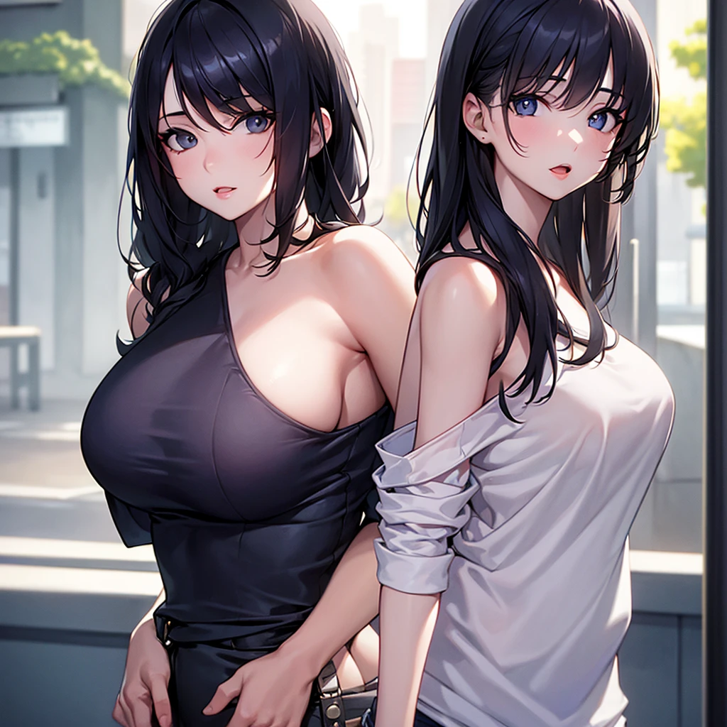a woman, (realistic), (hyperrealism), (photorealistic), depth of field, eye makeup:0.5, (upper body:1.2), (narrow waist:0.7), looking at the viewer, casual outfit, at the city streets, topless
