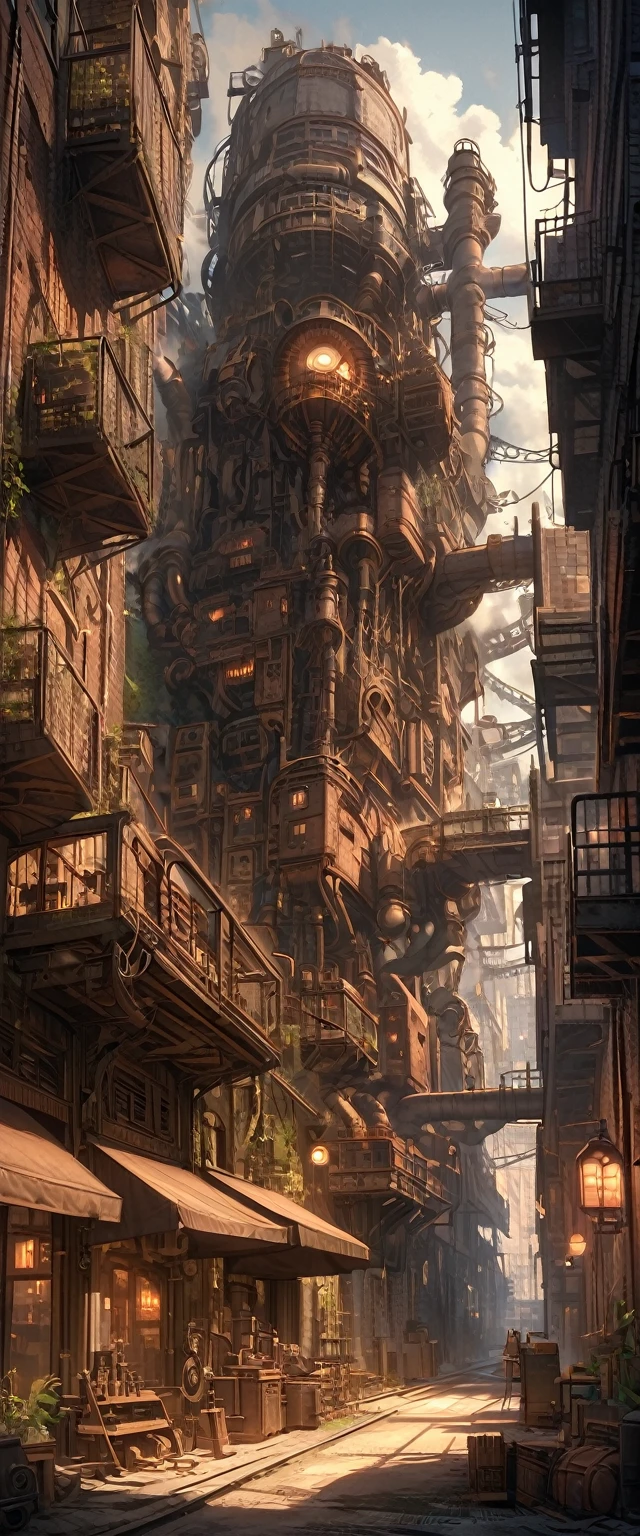Industrial city, Walls all around, Steampunk, Rusty and heavy, smokes, chimney, factory, gear, Mechanical, High-rise buildings, tower, Steam powered, Steam piping, Street Lights, (light:0.8, Super Detail, bloom)