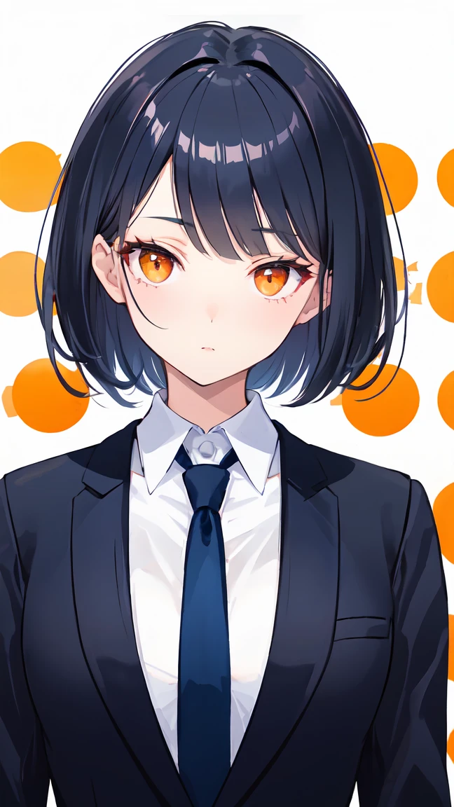 woman with short dark blue hair, dressed elegantly, with straight bangs, elegant, polka dots on her face, tie, orange eyes