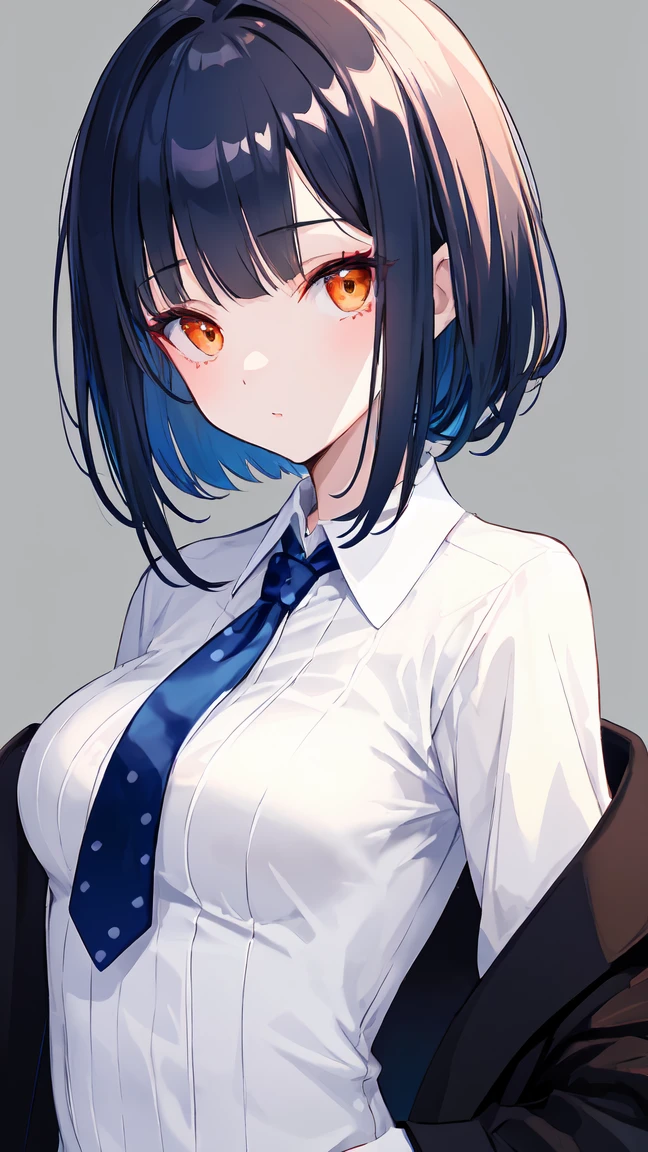 woman with short dark blue hair, dressed elegantly, with straight bangs, elegant, polka dots on her face, tie, orange eyes