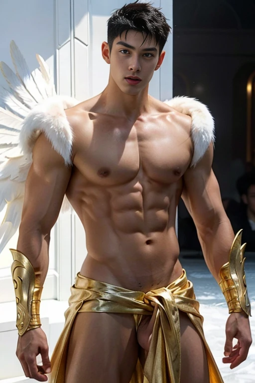 Super realistic, ultra sharp detailed, Ultra high resolution, best quality, photograph, 4k, (photographrealistic: 1.4), movie light, The male angel has large translucent wings., A shirtless, muscular man, super handsome, the most handsome men, menly, , Abdominal muscles wearing medieval gold armor, Fine fur, male angel has large translucent wings., muscular men, Abdominal muscles wearing medieval gold armor, Fine fur, cyberpunk environment, Environment with snow and ice in the background, ice cathedral, Portal of the future, Three-dimensional lighting, HD, magic, god of light, Backlight, detailed face, he look like Li Xian, Leo Wu, contrast, smooth skin, soft hands, correct anatomy, big chest, five fingers., full naked, exposing the penis, correct shape penis, big sexy ass, penis focus:1.1