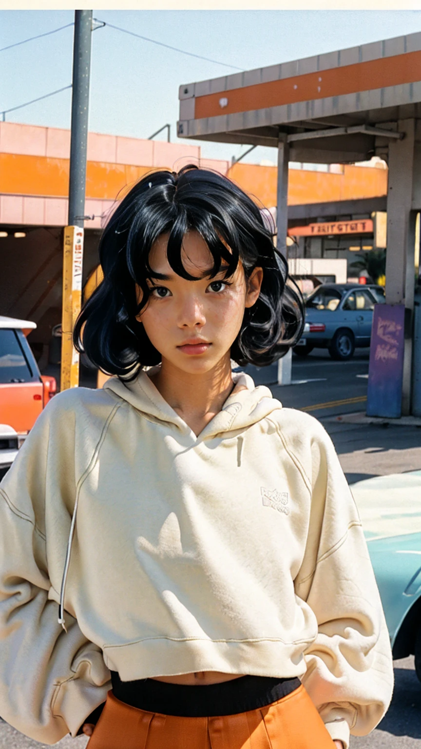 ((long shot photography)) ((best quality)), ((masterpiece)), (ultra detailed face), perfect beautiful face,perfect nose,perfect eyes, perfect lips kodak gold 200 fisheye-8mmlens-v2exp ,25 yo cute korean, ((busty perfect body)) perfect face, 35mm film,((black bob hairstyles)) ((color orange oversized_hoodie no sleeve)), ((purple tennis skirt)), white Reebok sneakers, 4k, 8k, ultra highres, raw photo in hdr, sharp focus, intricate texture,realistic, detailed facial features, highly detailed face, posingpolaroid film, found footage, retro,90's,80's, photo noise, old photo, retro, masterpiece, raw photo, 8k film photo, old, noisy photo, loooking of the camera, casual photo, grain photo, VHS footage, VHS look, chromatic aberration( low chromatic aberration), film footage, grainy photo, dirty photo, posing, retro photo, vintage photo, old, background standing pose on (90's gas station) ,palm trees, blue sky, summer, los angles vibes