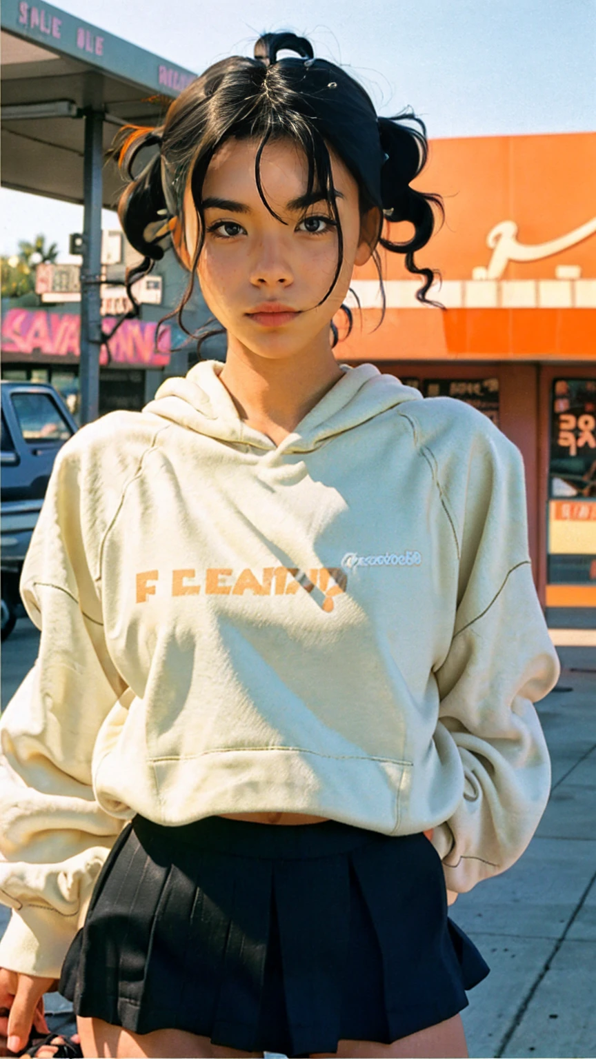 ((long shot photography)) ((best quality)), ((masterpiece)), (ultra detailed face), perfect beautiful face,perfect nose,perfect eyes, perfect lips kodak gold 200 fisheye-8mmlens-v2exp ,25 yo cute korean, ((busty perfect body)) perfect face, 35mm film,((black bob hairstyles)) ((color orange oversized_hoodie no sleeve)), ((purple tennis skirt)), white Reebok sneakers, 4k, 8k, ultra highres, raw photo in hdr, sharp focus, intricate texture,realistic, detailed facial features, highly detailed face, posingpolaroid film, found footage, retro,90's,80's, photo noise, old photo, retro, masterpiece, raw photo, 8k film photo, old, noisy photo, loooking of the camera, casual photo, grain photo, VHS footage, VHS look, chromatic aberration( low chromatic aberration), film footage, grainy photo, dirty photo, posing, retro photo, vintage photo, old, background standing pose on (90's gas station) ,palm trees, blue sky, summer, los angles vibes