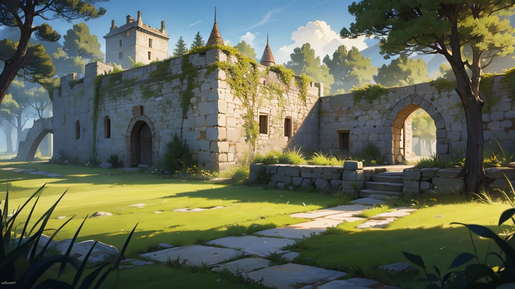4k ultra high quality, outside of a medieval embattled fort, damaged wood and stone walls tall yellow grass outside