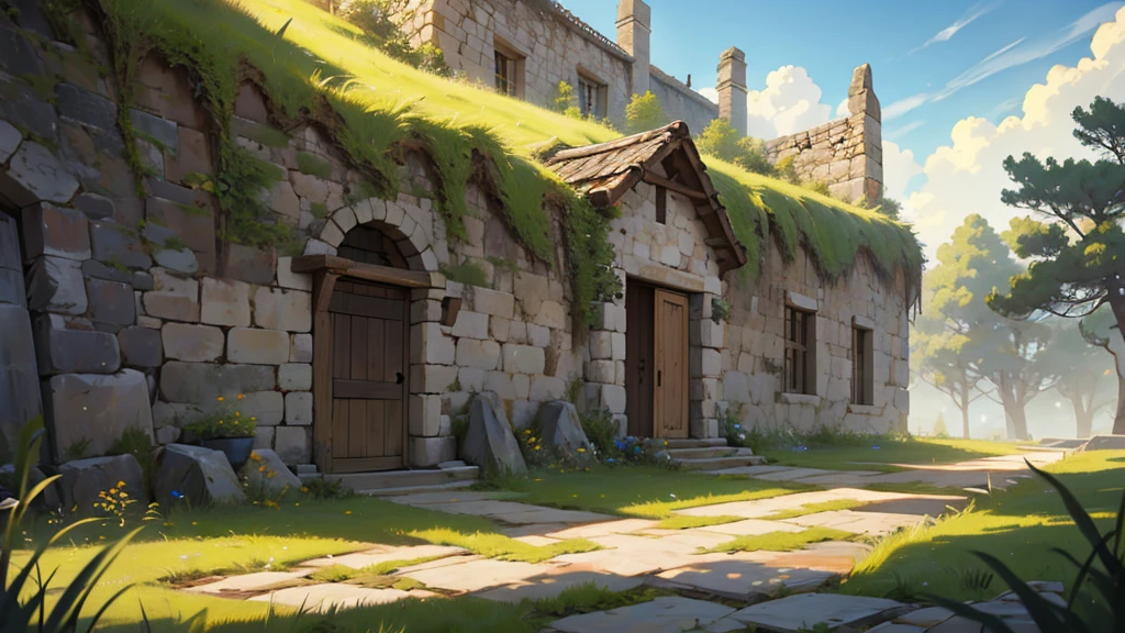 4k ultra high quality, outside of a medieval embattled fort, damaged wood and stone walls tall yellow grass outside