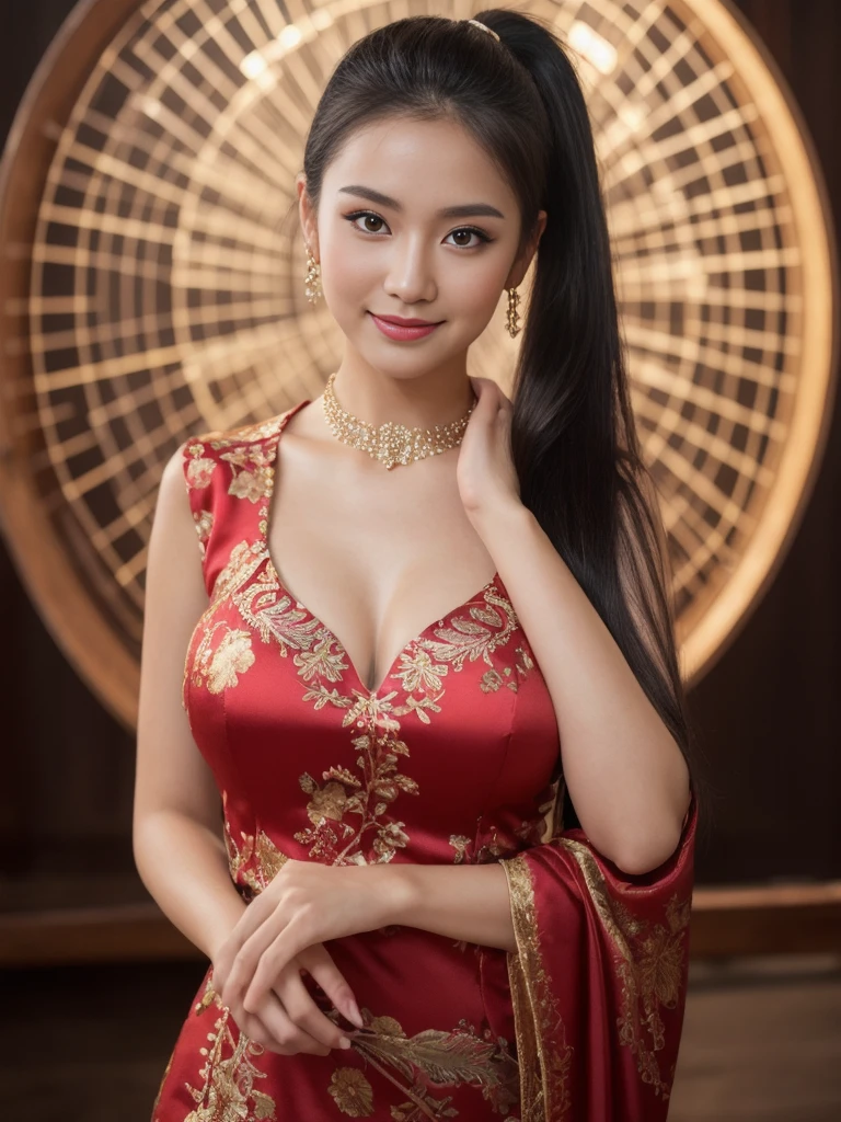 best quality, Masterpiece, height, 1 girl,Chinese dress,The dress is very short, showing off the beautiful proportions.,Big Breasts,little smile, Hold your head high, decorationsผม,necklace, decorations,Beautiful face,when_body, Tyndall Effect,realistic, dark studio, Light around the wheel rim, Two tone light,(Highly detailed skin:1.2), 8K เอ่อ, dslr, soft light, High quality, Volumetric light, Straightforward, photograph, high resolution, 4K, 8K, Bokeh, black ponytail hair,  