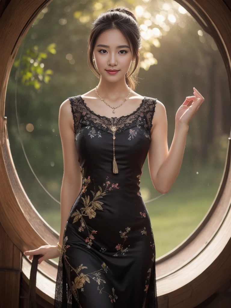 best quality, Masterpiece, height, 1 girl,Chinese dress,The dress is very short, showing off the beautiful proportions.,Big Breasts,little smile, Hold your head high, decorationsผม,necklace, decorations,Beautiful face,when_body, Tyndall Effect,realistic, dark studio, Light around the wheel rim, Two tone light,(Highly detailed skin:1.2), 8K เอ่อ, dslr, soft light, High quality, Volumetric light, Straightforward, photograph, high resolution, 4K, 8K, Bokeh, black ponytail hair,