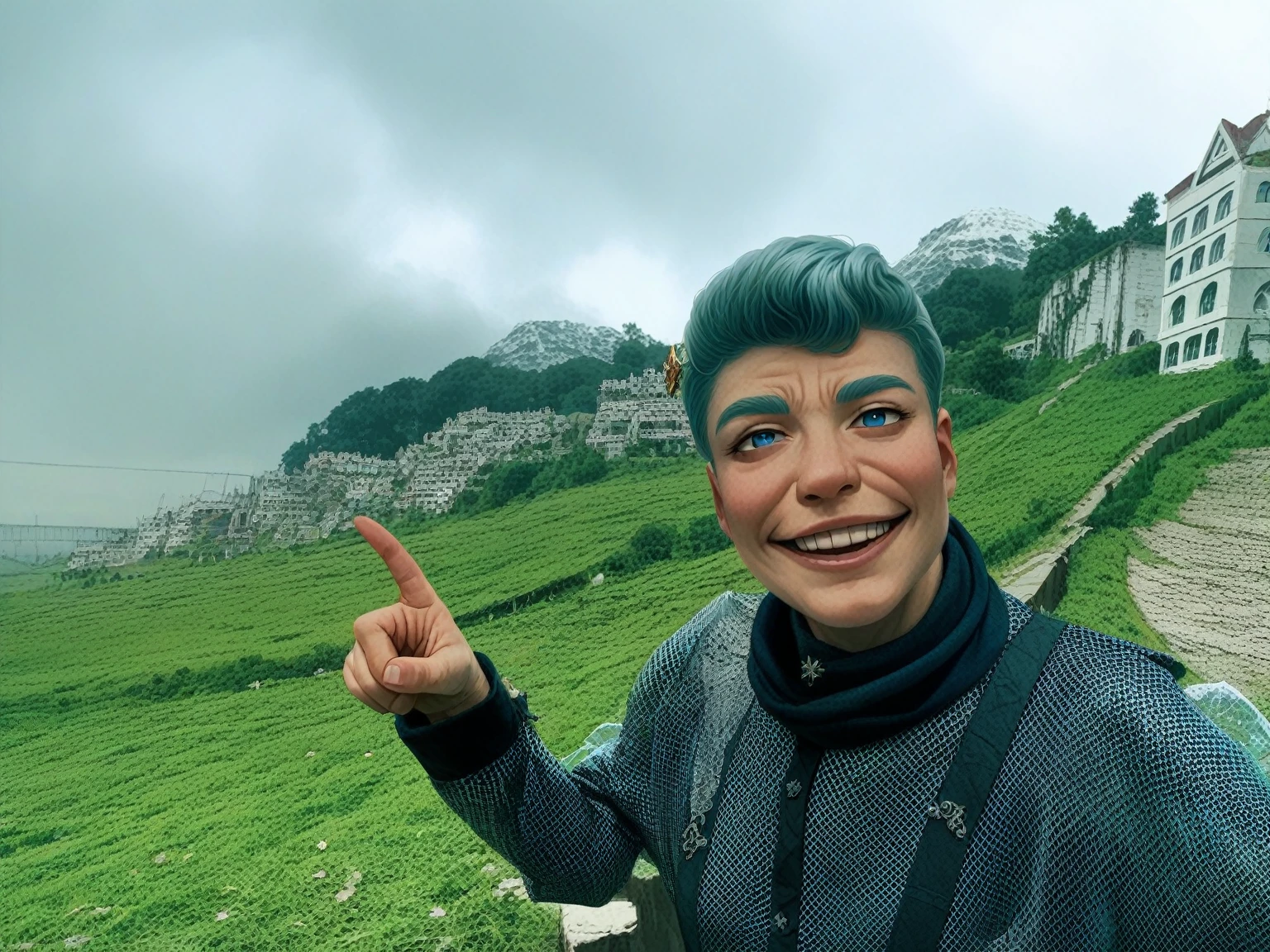 , leprechaun, white hair: long, blue eyes, small breasts, vest, garter, hair accessories, seductive smile, gaze, head tilt, behind arms, (slim), (thin legs: open legs), high detail, best quality, masterpiece, detailed ice, cumulonimbus clouds, beautiful details glow, ice crystal textured wings