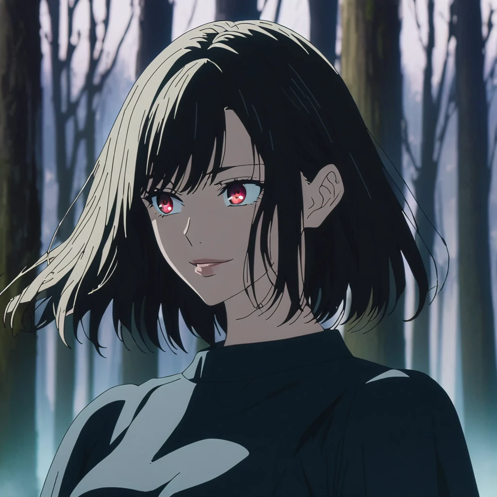 1girl, anime screencap from jujutsu kaisen, solo, very long_hair, ((smooth texture hair)) purple eyes, ((short hair, shoulder length hair, swept bangs, red_eye)), breasts, upper_body, smile, forest background, red_eyes, lips, ((short hair, shoulder length hair, swept bangs, red_eye)) wearing black color clothes, breast, "very detailed and high resolution" (red eyes) ((cross arms))  ((smooth texture hair)) ((solo)) ((high resolution)) (Good quality) 