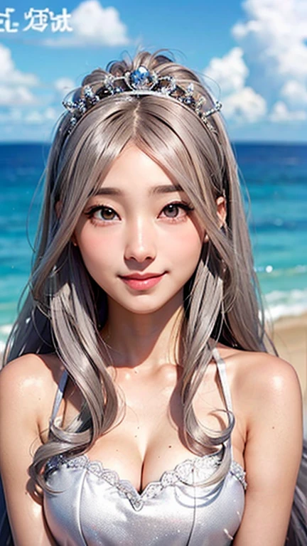 highest quality、Realistic、zoom、Chestnut Hair、Gray Eyes、Silver Hair、Wedding dress、tiara、Sunburned、Tan、Brown Skin、smile、、Ocean、Chubby、