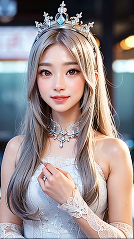 highest quality、Realistic、zoom、Chestnut Hair、Gray Eyes、Silver Hair、Wedding dress、tiara、Sunburned、Tan、Brown Skin、smile、、Ocean、Chubby、