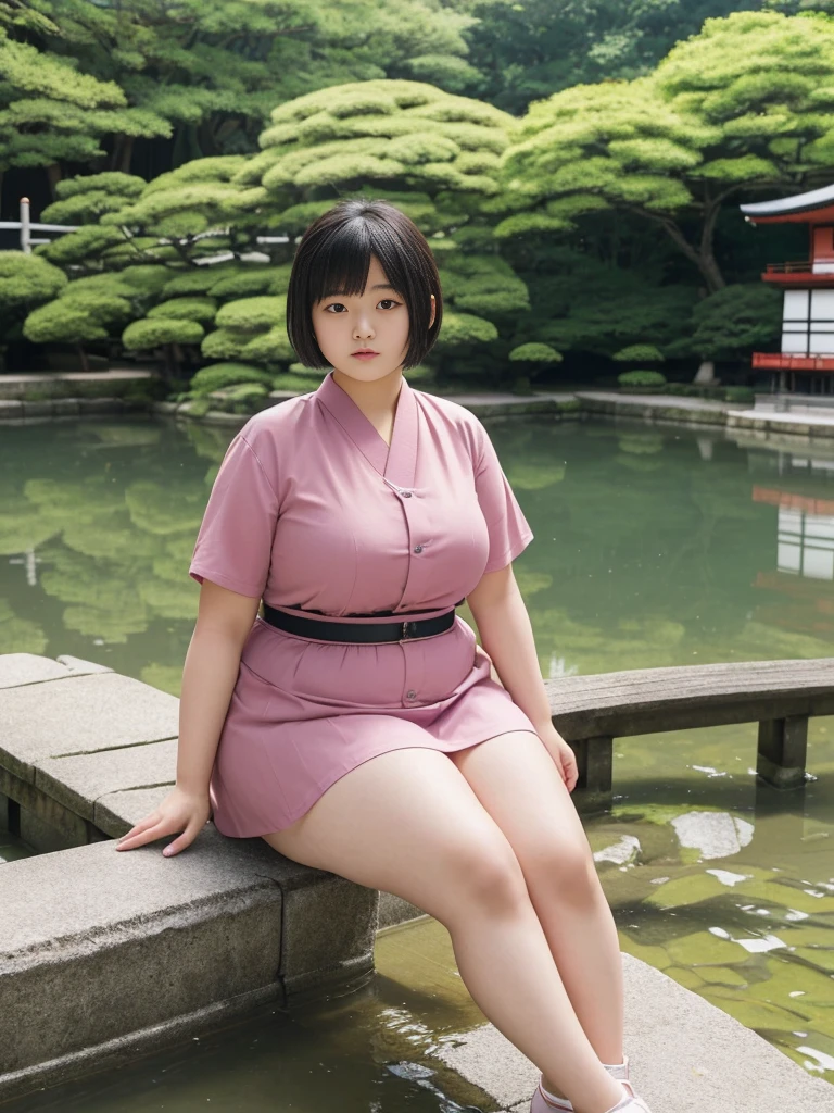 her name is Akira, high quality, 1girl, ((18-year-old chubby JAPANESE woman)), ((18 years old)), ((((CHUBBY BODY)))), SHORT BOB, pose: sitting, wearing stylish fashionable Generation-Z modern wear different colored, BACKGROUND: Within the serene gardens of Kinkaku-ji, where a temple reflects the water.