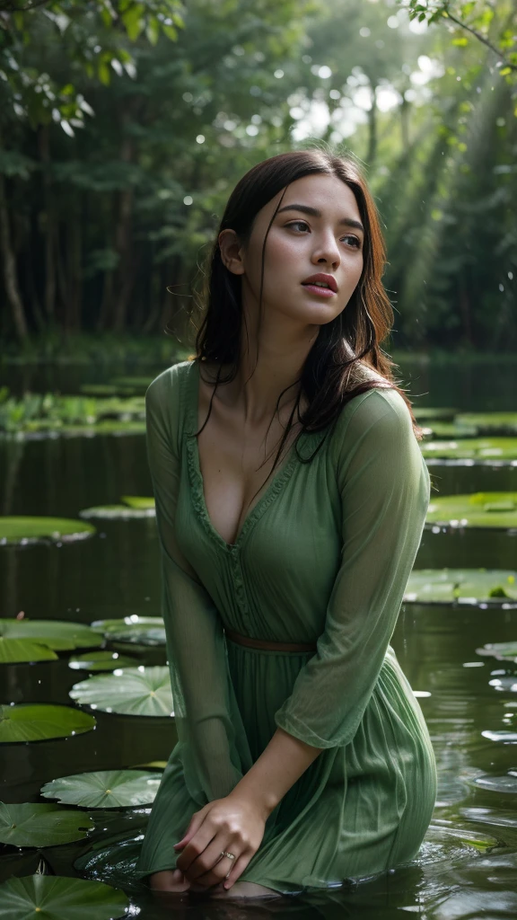 (best quality,highres:1.2),ultra-detailed,(realistic:1.37),portrait,forest-green color palette,soft lighting,a tragic atmosphere,swamp reflections,emotional,dreamlike,subtle shadows,tangled hair,refraction effects,raindrop texture,dramatic mood,longing,pond,soft focus,falling leaves,sadness,stillness,submerged,desperate eyes,crimson lips,rustling grass,foggy background,lonesome,open space,graceful posture,water lilies,peaceful,searching for hope,serenity,hopelessness,delicate features,whispering winds.
