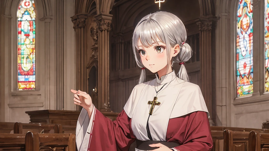 chest, big, twin tail, silver hair, priest, side, saint, disgusting