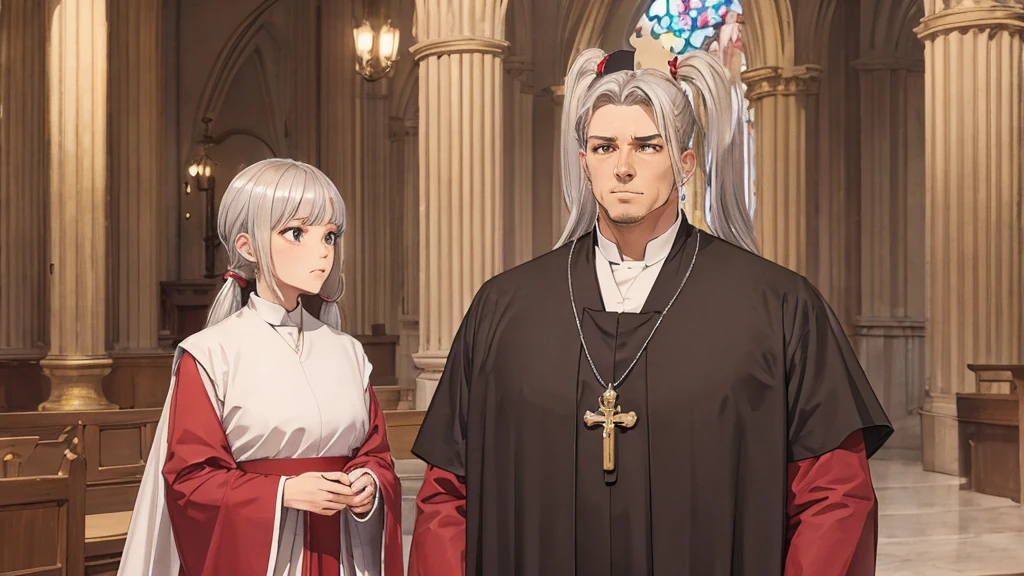 chest, big, twin tail, silver hair, priest, side, saint, disgusting