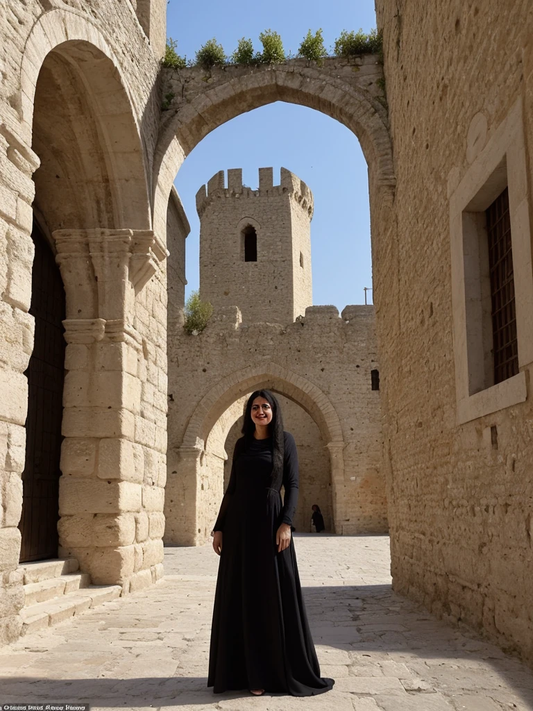 her name is Fatima, a middle-aged Syrian woman, (((snub nose))), (30 years old), (wrinkles), 1girl, solo, (black long hair), smile, wearing sundress outside warm weather A Venetian-era fortress with impressive walls and towers, wide shot, upper body and upper legs