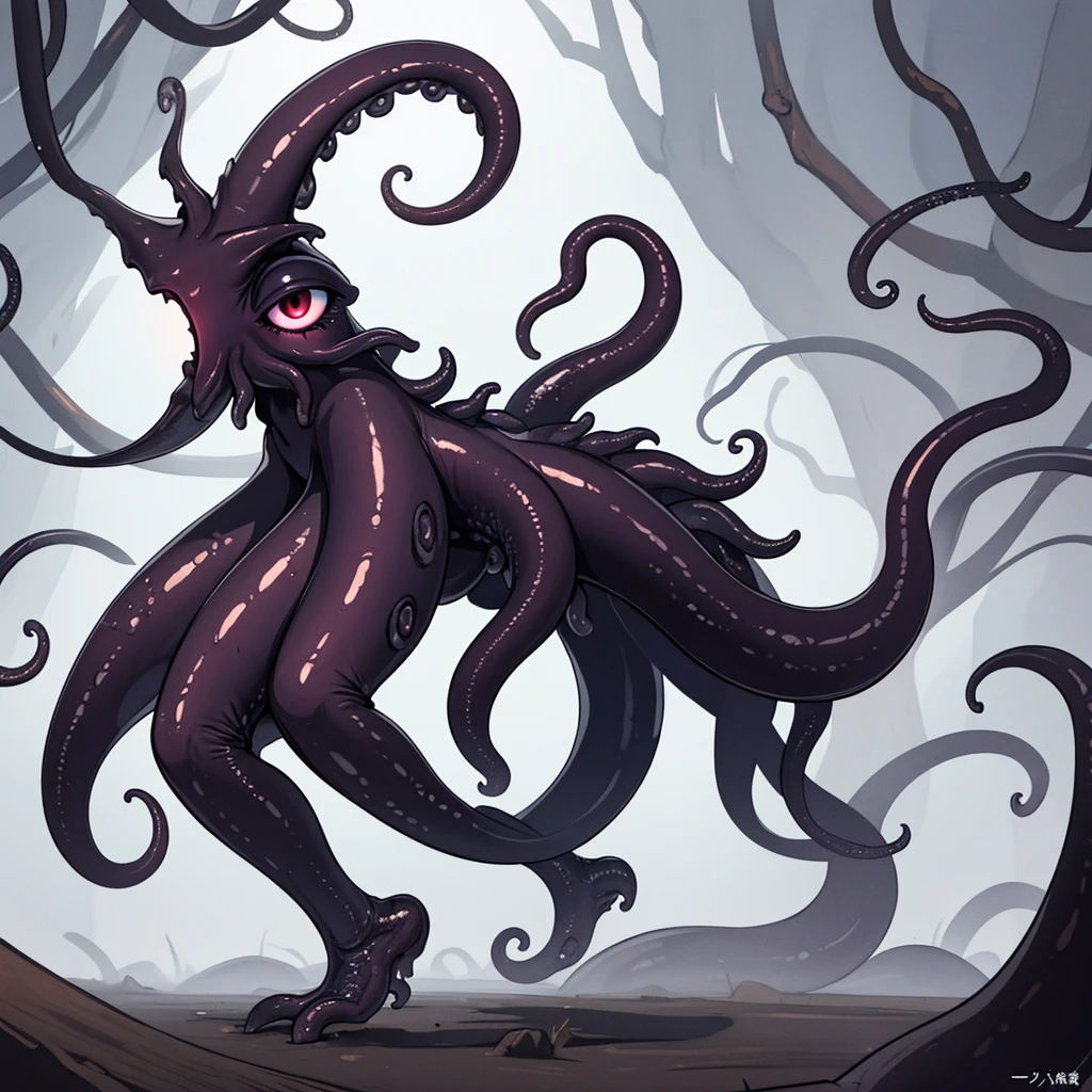 (No humans)、An alien tentacle creature with tentacles branching out from a central body with a single large eye、From the side