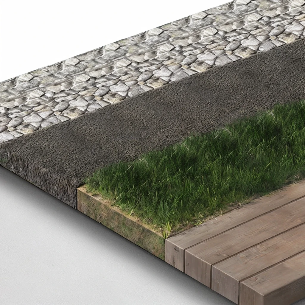 Close up of a wooden deck with a lawn, ground detailed, ground very detailed, High resolution and detail, Detail rendering, Realistic details, Realistic textures, hyperdetailed illustration, depicted as a 3 d render, Photo-realistic with maximum detail, Ground view; detailed, Realistic detailss, ultra detailed illustration, High detail illustration, Turf roof, Realistic texturesd，Different road materials