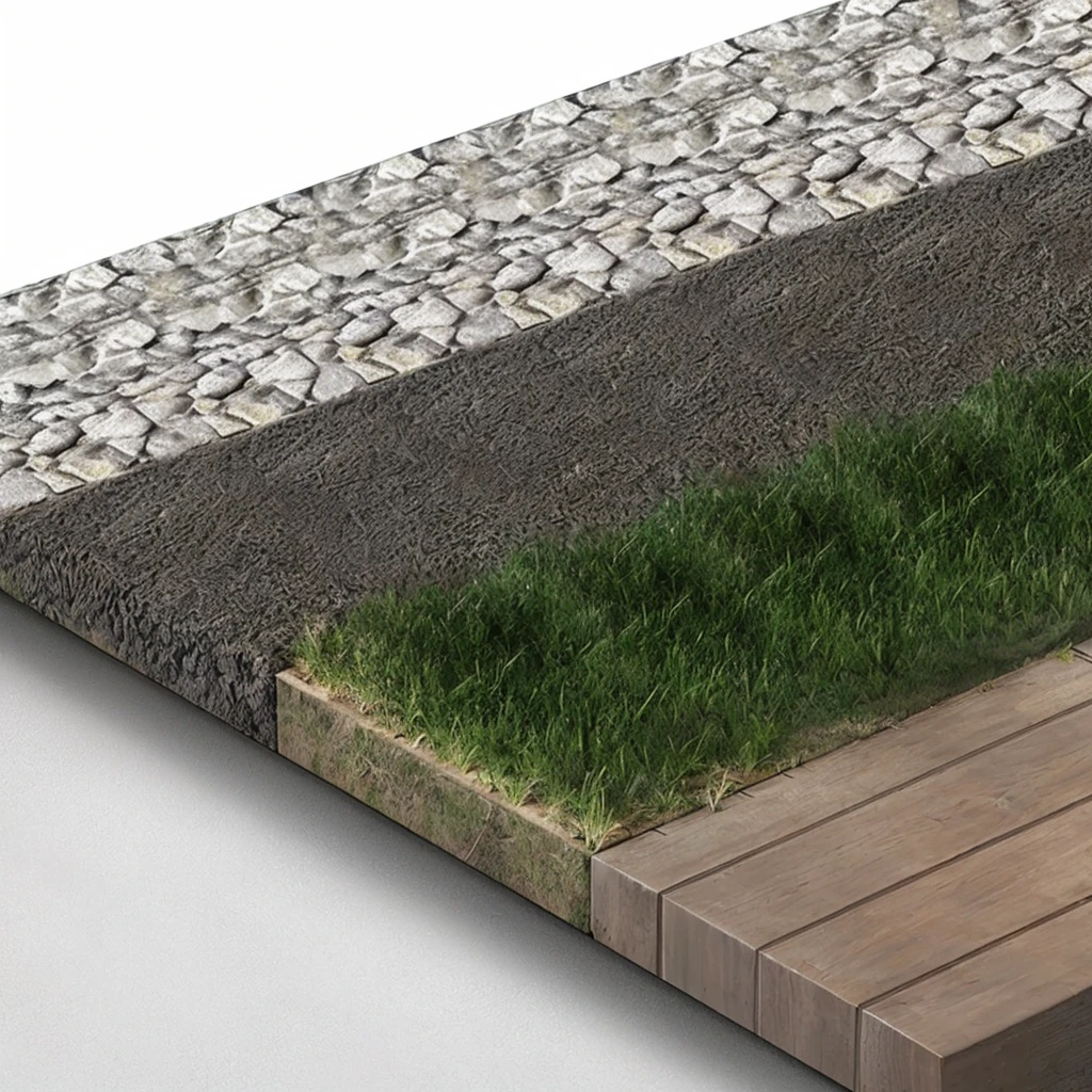 Close up of a wooden deck with a lawn, ground detailed, ground very detailed, High resolution and detail, Detail rendering, Realistic details, Realistic textures, hyperdetailed illustration, depicted as a 3 d render, Photo-realistic with maximum detail, Ground view; detailed, Realistic detailss, ultra detailed illustration, High detail illustration, Turf roof, Realistic texturesd,Different road materials