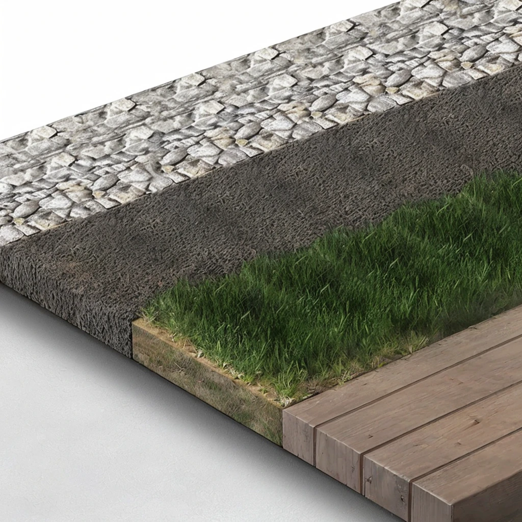 Close up of a wooden deck with a lawn, ground detailed, ground very detailed, High resolution and detail, Detail rendering, Realistic details, Realistic textures, hyperdetailed illustration, depicted as a 3 d render, Photo-realistic with maximum detail, Ground view; detailed, Realistic detailss, ultra detailed illustration, High detail illustration, Turf roof, Realistic texturesd，Different road materials
