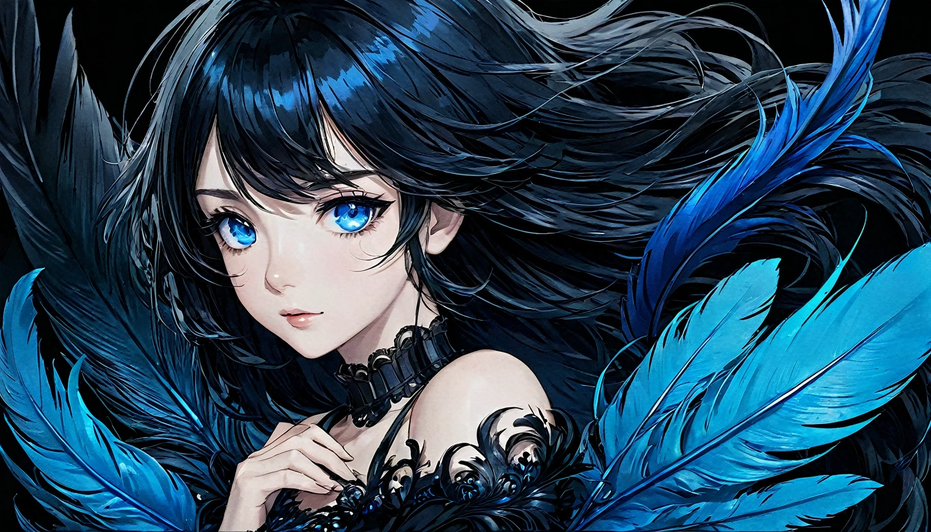 Anime girl with blue eyes and black hair with blue feathers
