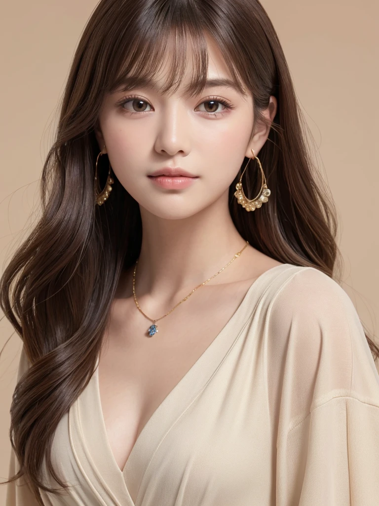  ((Highest quality, 8K, masterpiece:1.3)), concentrate: 1.2, Perfect body beauty: 1.4, Hips: 1.2, ((Long Hair, chest: 1.2)), (Dry clothes: 1.1) , (clear, Simple Background:1.3), Simple clothes: 1.1, Highly detailed face and skin texture,Delicate eyes, double eyelid, Whitened skin, Rough skin、Long Hair、Earrings with bangs、necklace、 solo、Beige coat、White shirt,  (((Beautiful girl with cute Japan)))、  ((Beautiful Japanese girl 20 years old))、 ((Baby Face))、 (((Slender body)))、  Upper Body，Face focus、necklace，Simple Background，From above， Realistic Hair、 A photograph was taken:Canon EOS R6、135mm、1/1250 seconds、f2.8、ISO400、(Detailed explanation of the hand)、(Masseter muscle area)、(Exquisite CG)、Long Hair, loose and curly hair、Korean Hair、Long Hair明るいベージュ色、グラデーションハイライトグレージュのゆるふわLong Hairスタイル、
