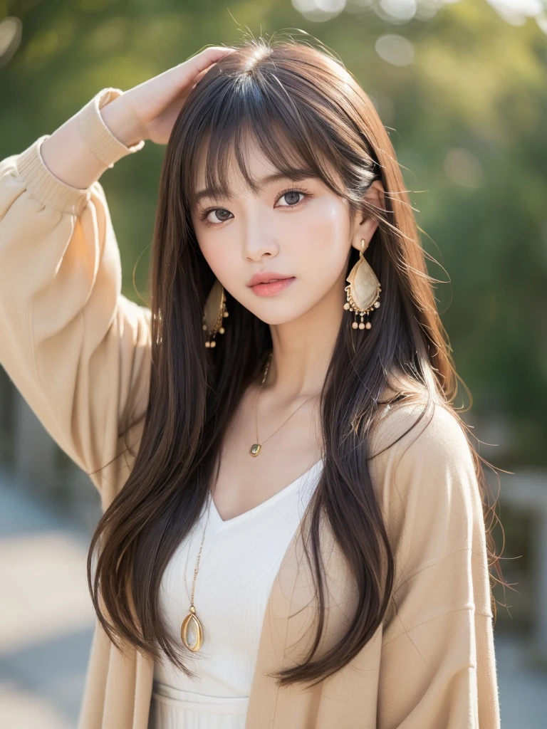 ((Highest quality, 8K, masterpiece:1.3)), concentrate: 1.2, Perfect body beauty: 1.4, Hips: 1.2, ((Long Hair, chest: 1.2)), (Dry clothes: 1.1) , (clear, Simple Background:1.3), Simple clothes: 1.1, Highly detailed face and skin texture,Delicate eyes, double eyelid, Whitened skin, Rough skin、Long Hair、Earrings with bangs、necklace、 solo、Beige coat、White shirt, (((Beautiful girl with cute Japan)))、 ((Beautiful Japanese girl 20 years old))、 ((Baby Face))、 (((Slender body)))、 Upper Body,Face focus、necklace,Simple Background,From above, Realistic Hair、 A photograph was taken:Canon EOS R6、135mm、1/1250 seconds、f2.8、ISO400、(Detailed explanation of the hand)、(Masseter muscle area)、(Exquisite CG)、Long Hair, loose and curly hair、Korean Hair、Long Hair明るいベージュ色、グラデーションハイライトグレージュのゆるふわLong Hairスタイル、