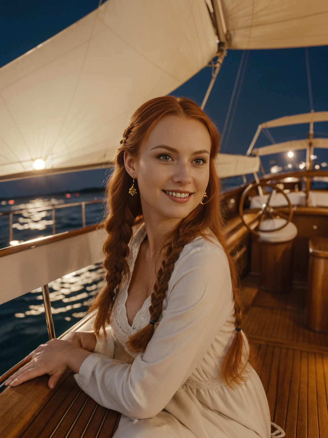 solo, realistic, photorealistic, natural lighting, (large forehead, (((Latvian woman))), (((Latvian nose))), (((Latvian eyes))), (((auburn hair))), (((braids))), (((Latvian face))), (((Latvian lips))), (((Latvian body))), uplift breasts with slender curvy body, (((fair complexion))) smiling, wearing Dress, cleavage, pose: sitting, background: Under a canopy of stars, a classic sailing yacht glides gracefully through moonlit waters. Wooden decks and brass fittings evoke a sense of timeless sophistication. Guests relax with cocktails in hand, serenaded by the gentle lapping of waves and the occasional rustle of sails.