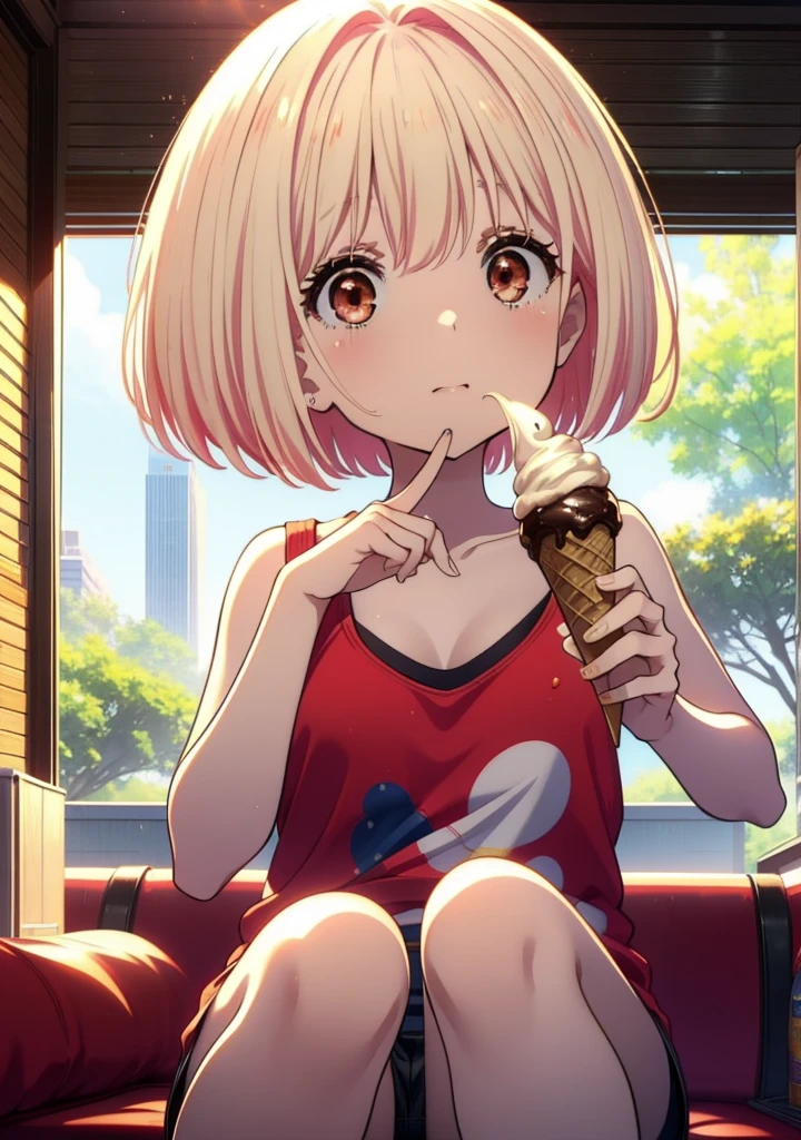 Chisato Nishikigi, short hair, bangs, Blonde, (Red eyes:1.5), Bobcut,smile,Open your mouth,Sweat,Red Tank Top,Shorts,barefoot,barefoot,Sitting on the sofa,Holding an ice cream in one hand,Eating ice cream,Daytime,True Summer,whole bodyがイラストに入るように,
break outdoors,room,
break looking at viewer, whole body,
break (masterpiece:1.2), Highest quality, High resolution, unity 8k wallpaper, (figure:0.8), (Beautiful attention to detail:1.6), Highly detailed face, Perfect lighting, Highly detailed CG, (Perfect hands, Perfect Anatomy),