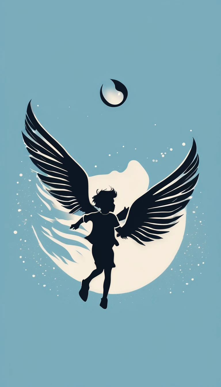 A minimal, modern, simple, cinematic logo design for the brand “Penamemoria". The logo design must be a simple, silhouette of a boy running happily with his arms open and tasting the wing. The boy is running happilly with his arms opens. The boy is holding an acoustic guitar and fantasy feather by his side. The logo must convey a sense of music, stories, memories and dreams. Logo design impressed on a book cover. Minimalistic logo. Light blue, white and soft golden as colors for the logo design