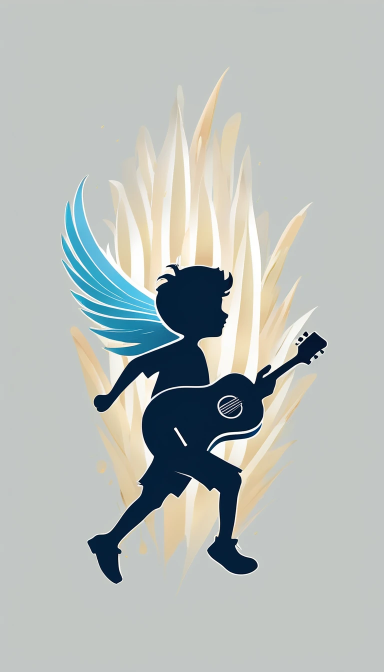 A minimal, modern, simple, cinematic logo design for the brand “Penamemoria". The logo design must be a simple, silhouette of a boy running happily with his arms open and tasting the wing. The boy is running happilly with his arms opens. The boy is holding an acoustic guitar and fantasy feather by his side. The logo must convey a sense of music, stories, memories and dreams. Logo design impressed on a book cover. Minimalistic logo. Light blue, white and soft golden as colors for the logo design