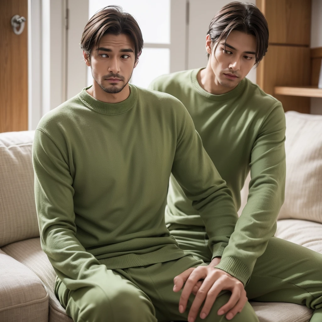 Create an image depicting a man in casual green attire who exhibits excessive concern and consideration towards others in his everyday life. Show him in various daily situations where he demonstrates heightened attentiveness and care for those around him. Capture realistic expressions and gestures that convey his thoughtful and empathetic nature. Set the scenes in typical daily environments to emphasize the relatability and realism of his actions. Ensure the composition convincingly portrays his genuine kindness and attentive demeanor.