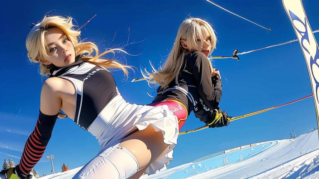 1womanl、(europeu:1.3)、blond、(super cute)、(beautiful face:1.5)、(face detailed)、(skiing:1.6)、(wearing a miniskirt:1.3)、(fall down and open your legs:1.3)、(I can see your panties:1.3)、(White-panties:1.3)、(badass clothing:1.1)、(skiing場)、(Em SFW:1.5) round buttock