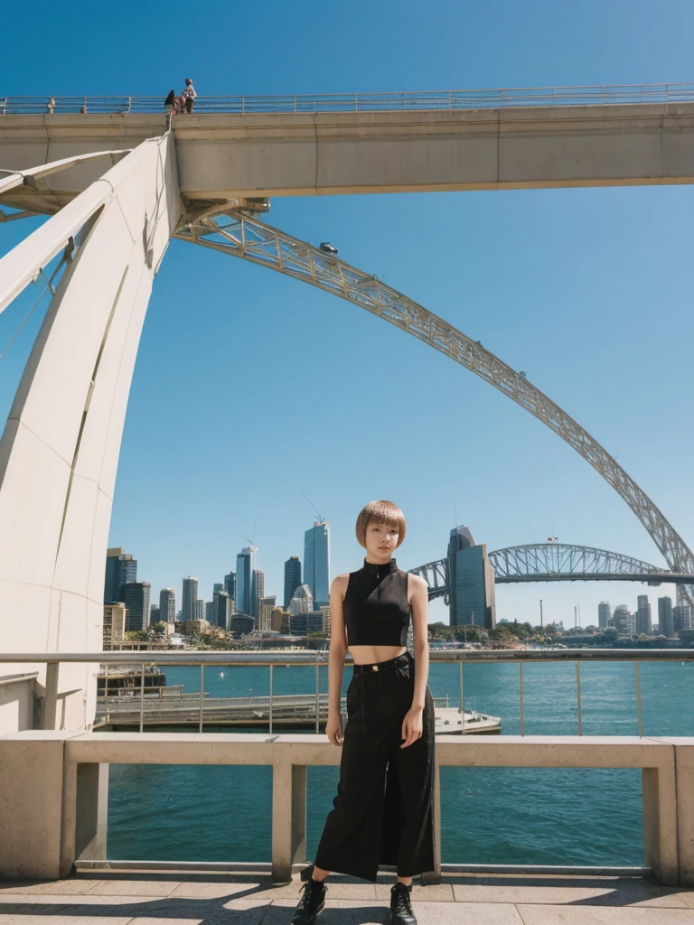 her name is Asako, high quality, 1girl, ((20-year-old fit Caucasian woman)), ((20 years old)), ((slim)), ((Edgy Bowl Cut hair)), pose: standing, wearing edgy Generation-Z modern wear bright colored, BACKGROUND:On the Sydney Harbor Bridge, with views of the Opera House and the bustling harbor below