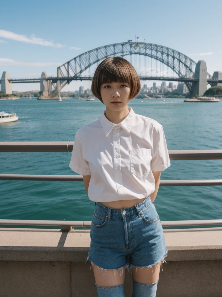 her name is Asako, high quality, 1girl, ((20-year-old fit Caucasian woman)), ((20 years old)), ((slim)), ((Edgy Bowl Cut hair)), pose: standing, wearing edgy Generation-Z modern wear bright colored, BACKGROUND:On the Sydney Harbor Bridge, with views of the Opera House and the bustling harbor below