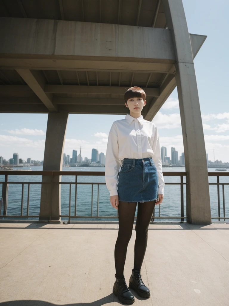 her name is Asako, high quality, 1girl, ((20-year-old fit Caucasian woman)), ((20 years old)), ((slim)), ((Edgy Bowl Cut hair)), pose: standing, wearing edgy Generation-Z modern wear bright colored, BACKGROUND:On the Sydney Harbor Bridge, with views of the Opera House and the bustling harbor below