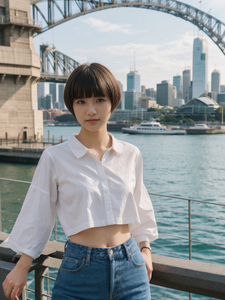 her name is Asako, high quality, 1girl, ((20-year-old fit Caucasian woman)), ((20 years old)), ((slim)), ((Edgy Bowl Cut hair)), pose: standing, wearing edgy Generation-Z modern wear bright colored, BACKGROUND:On the Sydney Harbor Bridge, with views of the Opera House and the bustling harbor below