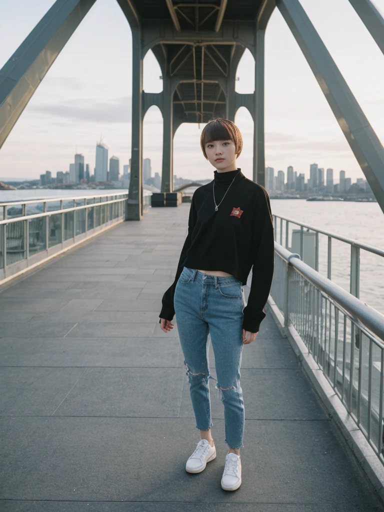 her name is Asako, high quality, 1girl, ((20-year-old fit Caucasian woman)), ((20 years old)), ((slim)), ((Edgy Bowl Cut hair)), pose: standing, wearing edgy Generation-Z modern wear bright colored, BACKGROUND:On the Sydney Harbor Bridge, with views of the Opera House and the bustling harbor below