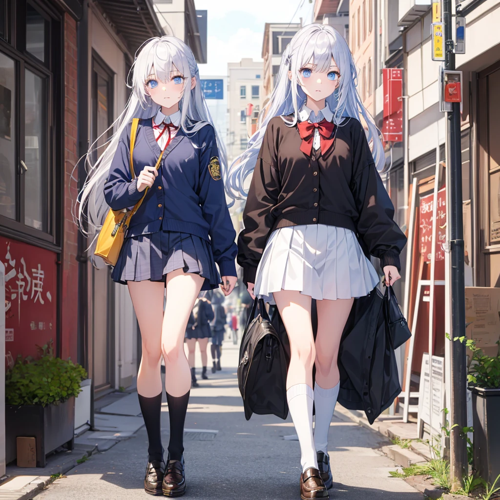 Silver Hair、Blue Eyes、beautiful girl、high school girl。uniform、Knee socks、