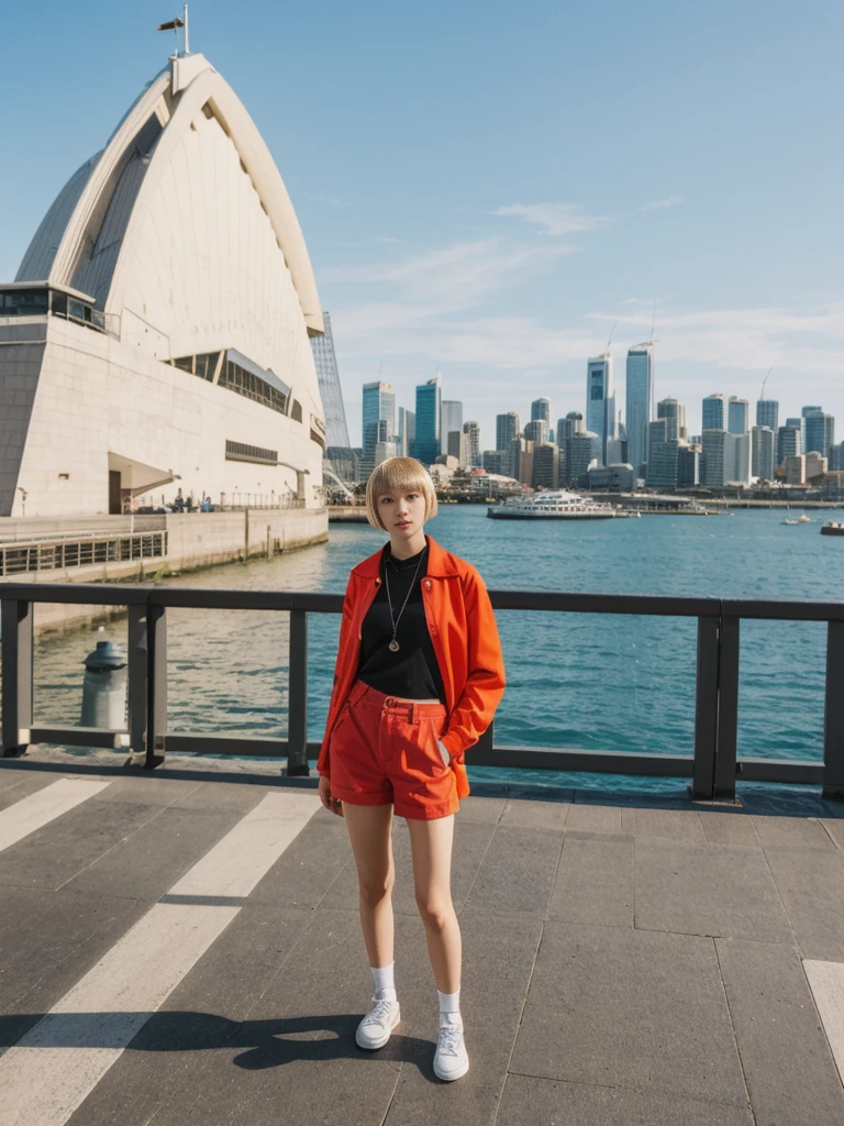 her name is Asako, high quality, 1girl, ((20-year-old fit Caucasian woman)), ((20 years old)), ((slim)), ((Edgy Bowl Cut hair)), pose: standing, wearing edgy Generation-Z modern wear bright colored, BACKGROUND:On the Sydney Harbor Bridge, with views of the Opera House and the bustling harbor below